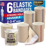 High-Performance Elastic Bandage Wrap - 6 Pack (2x2in, 2x3in, 2x4in) - Self-Closing Strong Compression Bandage Wrap for Feet, Ankles, Wrists, and Knees