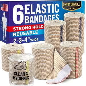 High-Performance Elastic Bandage Wrap - 6 Pack (2x2in, 2x3in, 2x4in) - Self-Closing Strong Compression Bandage Wrap for Feet, Ankles, Wrists, and Knees