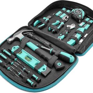 Basics Tool Set With Easy Carrying Round Pouch, 104-Piece, Turquoise, 14.4 x 11.4 x 3 inches