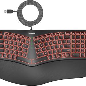 Arteck Ergonomic USB Wired Keyboard with Cushioned Wrist & Palm Rest, Backlit 7 Colors & justable Brightness Comfortable Natural Split Keyboard with 6 Feet Wire for Windows Computer Desktop Laptop