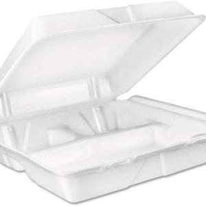 DART 90HT3R Large Foam Carryout Food Container 3-Compartment White 9-2/5x9x3