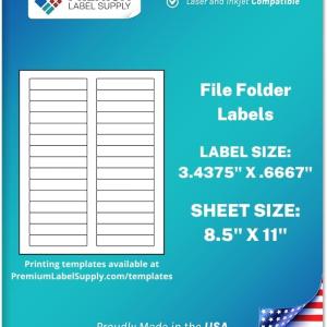 Premium Label Supply White File Folder Labels – 3.4375" x .667" – Laser/Inkjet Compatible – (30 per Sheet) 25 Sheets – 750 Total hesive Labels