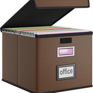 Huolewa Faux Leather File Organizer Box with Lid, Collapsible Hanging File Folder Box Organizer with Plastic Slides, Decorative Home/Office Filing Boxes for File and Folder Storage - Dark Brown