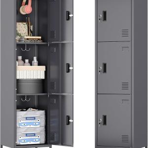 Metal Locker with Hooks and Ventilation Holes,Metal Storage Locker with Keys and Business Card Slot for Home,Gym,Garage,School,Office,66" H×15.75" W× 15.75" D,Assembly Required,Dark Grey
