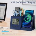 TopMe Wireless Charger with Pen Holder, PU Leather Desk Nightstand Organizer Fast Charging Station, Home Office Supplies Pencil Holder, Digital Thermometer and Humidity Gauge, Gifts for Men(Blue)