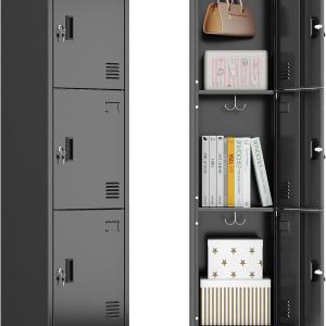 Metal Locker with Hooks and Ventilation Holes,Metal Storage Locker with Keys and Business Card Slot for Home,Gym,Garage,School,Office,66" H×15.75" W× 15.75" D,Assembly Required,Black