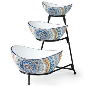 YHOSSEUN 3 Tier Serving Bowls, Serving Dishes for Entertaining Porcelain Serving Trays and Platters Tiered Bowl Set with Collapsible Thicker Sturdier Metal Rack