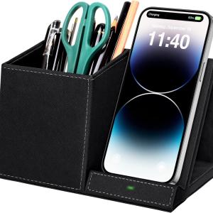 Pen Holder with Wireless Charger, Compatible with iPhone 17/16/15/14/13/12/11/8 Series, Pencil Holder Phone Stand for Desk Home Office, Men Gift Husband Wife Anniversary D Birthday Idea Gget