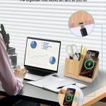 Bamboo Pen Holder for Desk & Nightstand Organizer with Fast Wireless Charging for iPhone, Samsung & More – Office Desk Accessories for Men/Women (Bamboo)