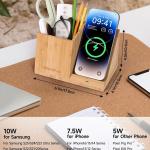 Bamboo Pen Holder for Desk & Nightstand Organizer with Fast Wireless Charging for iPhone, Samsung & More – Office Desk Accessories for Men/Women (Bamboo)