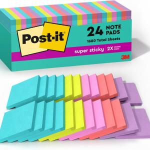 Post-it Super Sticky Notes, 24 Sticky Note Ps, 3 x 3 in., School Supplies, Office Products, 2X The Sticking Power, Supernova Neons Collection