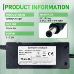 29.4V 4A Lithium Battery Charger for 24V Battery, DC 5.5x2.1/2.5mm Connector, Smart Shut-Off Protection, Fast Charging