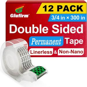Double Sided Tape for Gift Wrapping with Dispenser, 3/4 in x 300 in, Double Stick Tape 12 Pack, Christmas Wrapping Paper Tape, Linerless, Office and School Supplies