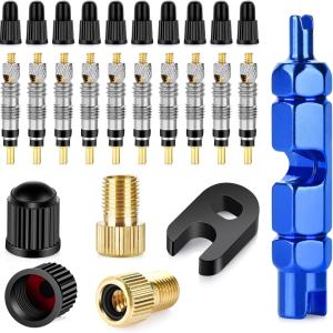 26 Pieces Presta Valve Core Repair Kit，Tubeless Valve&Presta Valve Caps；Valve Core Removal Tool and apter with Black Tire Valve Caps