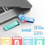MOSDART 64GB USB 2.0 Flash Drive, with Keychain Loop, Swivel Design with LED Light, exFAT Memory Stick for Computers, System Backup, Data Storage Thumb Drive, Green and Blue (Pack of 2)