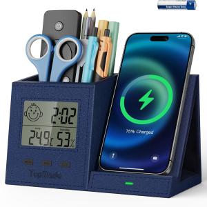 TopMe Wireless Charger with Pen Holder, PU Leather Desk Nightstand Organizer Fast Charging Station, Home Office Supplies Pencil Holder, Digital Thermometer and Humidity Gauge, Gifts for Men(Blue)