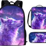 Showudesigns Wolf Backpack Galaxy School Backpack for Girls with Lunch Box Pencil Case Set 3 in 1 Schoolbag Bookbag Bagpack Rucksack Shoulder Bag Casual Daypack Purple Moon Star