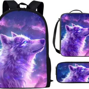 Showudesigns Wolf Backpack Galaxy School Backpack for Girls with Lunch Box Pencil Case Set 3 in 1 Schoolbag Bookbag Bagpack Rucksack Shoulder Bag Casual Daypack Purple Moon Star