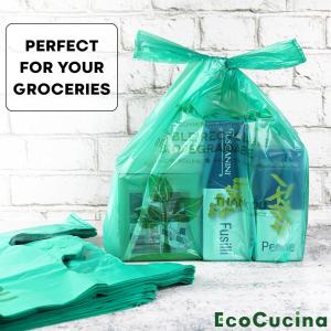 500 Biodegrable Compostable Thank You Plastic Bags - Grocery Shopping Bag with Handles [12" X 6.5" X 22"] Eco Friendly Green Plastic T Shirt Bags for Small Business Restaurant Supplies Retail Store