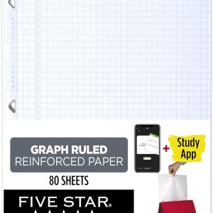 Five Star Loose Leaf Paper + Study App, Graph Ruled Filler Notebook Paper, Reinforced, Fights Ink Bleed, 8-1/2" x 11", 80 Sheets (170122)