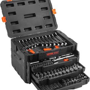 VEVOR Mechanics Tool Set and Socket Set, 1/4" 3/8" 1/2" Drive Deep and Standard Sockets, 450 Pcs SAE and Metric Mechanic Tool Kit with Bits, Combination Wrench, Hex Wrenches, Accessories, Storage Case