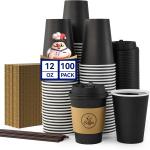 JOLLY CHEF 100 Pack 12 oz Coffee Cups with Lids, Sleeves and Stirrers, Disposable Black Hot Paper Coffee Cups for all Kinds of Beverages