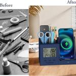 TopMe Wireless Charger with Pen Holder, PU Leather Desk Nightstand Organizer Fast Charging Station, Home Office Supplies Pencil Holder, Digital Thermometer and Humidity Gauge, Gifts for Men(Blue)