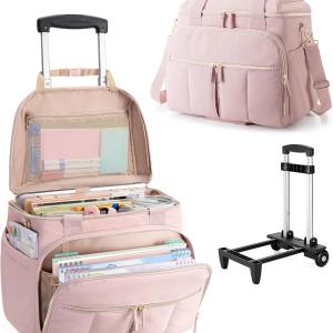 Rolling Teacher Bag with 15.6" Laptop Compartment & Accordion File Organizer, Wheeled Work Briefcase Tote with Detachable Trolley for Women, Pink