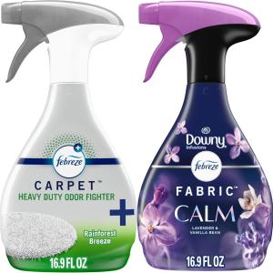 Febreze Fabric Spray & Carpet Heavy Duty Odor Fighter, Fabric Refresher, Multi-Use Deodorizer, Sneaker Balls Alternative, Couch & Linen Spray, Downy Calm & Rainforest Scents, 16.9oz, 2ct (1 of each)