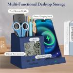 TopMe Wireless Charger with Pen Holder, PU Leather Desk Nightstand Organizer Fast Charging Station, Home Office Supplies Pencil Holder, Digital Thermometer and Humidity Gauge, Gifts for Men(Blue)