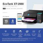 Epson EcoTank ET-2980 Wireless All-in-One Color Supertank Printer with up to 3 Years of Ink, Refillable Tanks, Perfect for Home, 15 PPM, 1.44" Color Screen, Auto 2-Sided Printing - Black