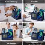 TopMe Wireless Charger with Pen Holder, PU Leather Desk Nightstand Organizer Fast Charging Station, Home Office Supplies Pencil Holder, Digital Thermometer and Humidity Gauge, Gifts for Men(Blue)