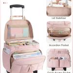 Rolling Teacher Bag with 15.6" Laptop Compartment & Accordion File Organizer, Wheeled Work Briefcase Tote with Detachable Trolley for Women, Pink