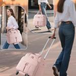 Rolling Teacher Bag with 15.6" Laptop Compartment & Accordion File Organizer, Wheeled Work Briefcase Tote with Detachable Trolley for Women, Pink