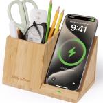 Bamboo Pen Holder for Desk & Nightstand Organizer with Fast Wireless Charging for iPhone, Samsung & More – Office Desk Accessories for Men/Women (Bamboo)
