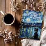 Notebook Journal for Women - A5 Spiral Notebook with Black Cat Starry Night Art Print Design, Funny Cat print Journal, Lined Paper, Office & School Supplies, Unique Gifts for Women Birthday, Christmas